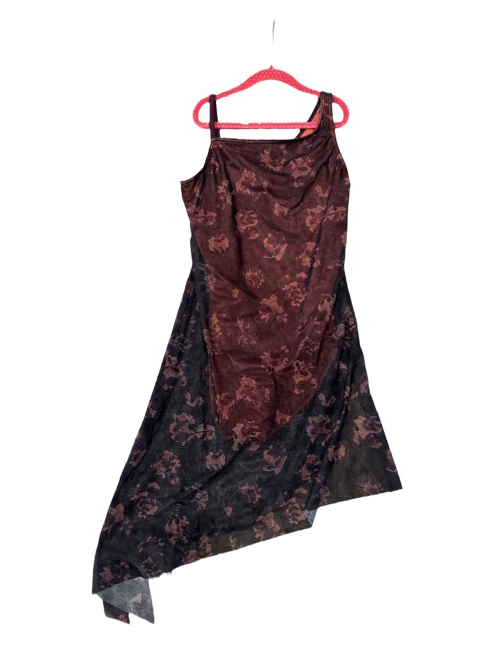 Weissman Autumn Town Leaves Asymmetrical Floral Slip Dress Burgundy & Black Mesh